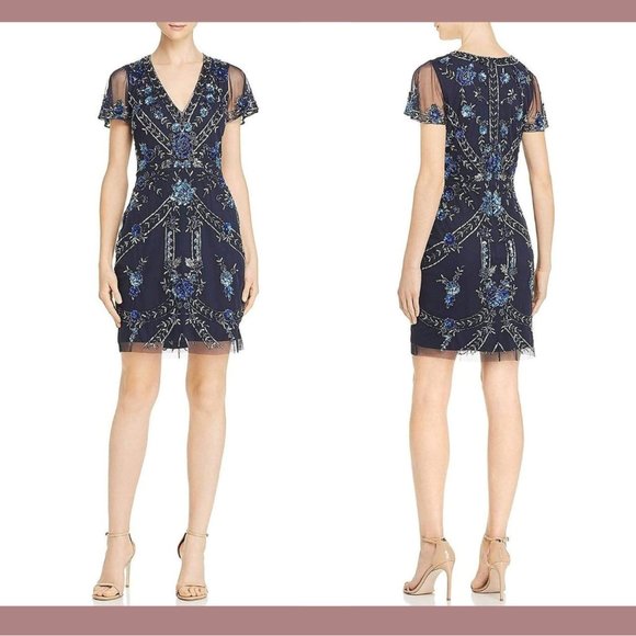 NWT $372 Aidan Mattox [ 0‎ ] Embellished V-Neck Cocktail Dress in Twilight BLUE - Picture 13 of 13